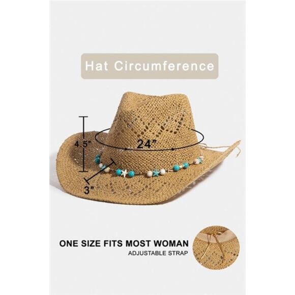 ✨NWT Fame Turquoise‎ and Shell Star Beads Strap Western Straw Hat - Picture 6 of 6